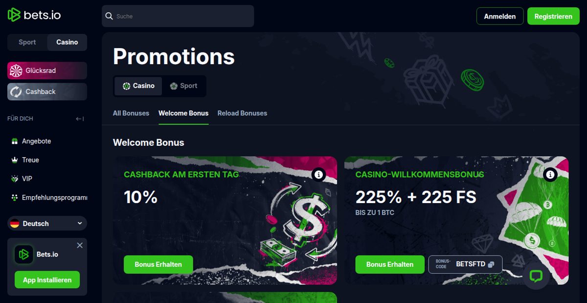 Bets.io Krypto Casino Aktionsseite mit Willkommensbonus 225 % + 225 Freispiele bis 1 BTC