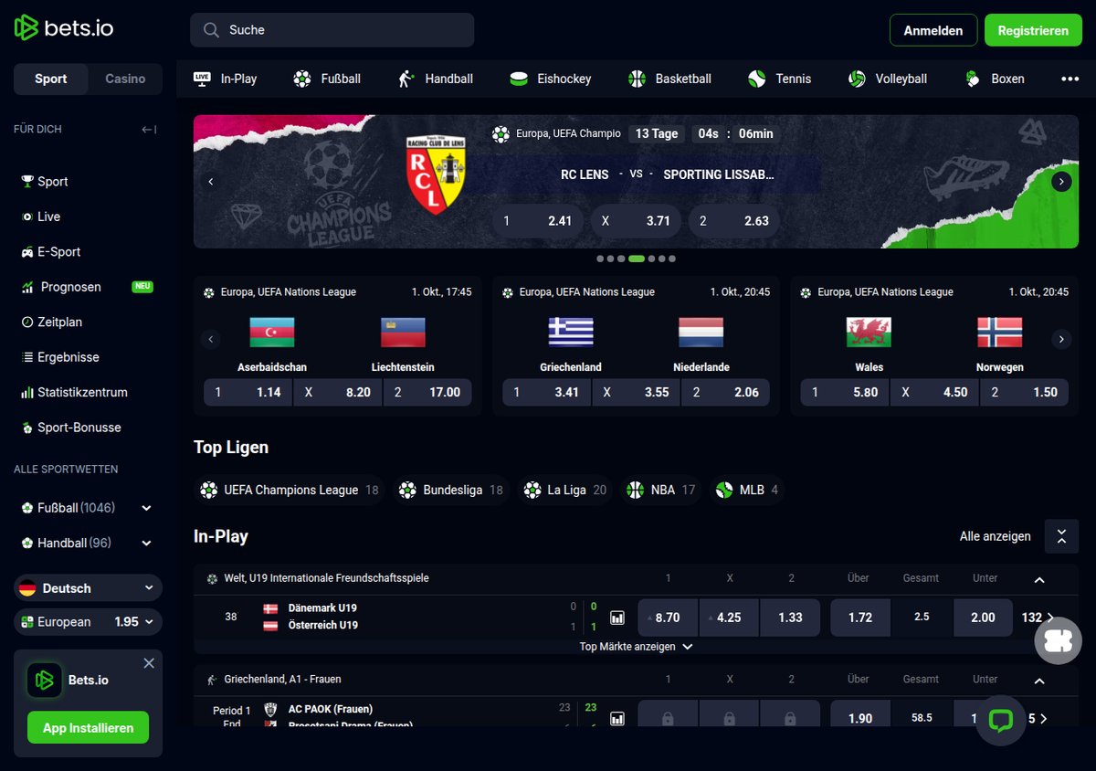 Bets.io Sportwetten mit Champions League, Nations League und Live-Wetten