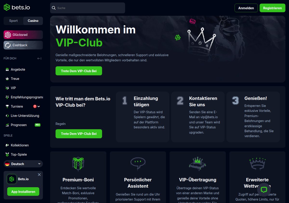 Bets.io VIP-Club mit Premium-Boni, persönlichem Assistenten und VIP-Übertragung