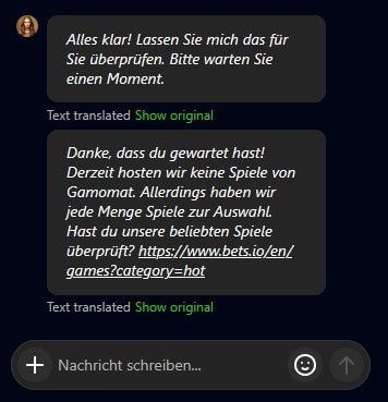 bets.io kein Gamomat-Casino_Stellungnahme vom Support