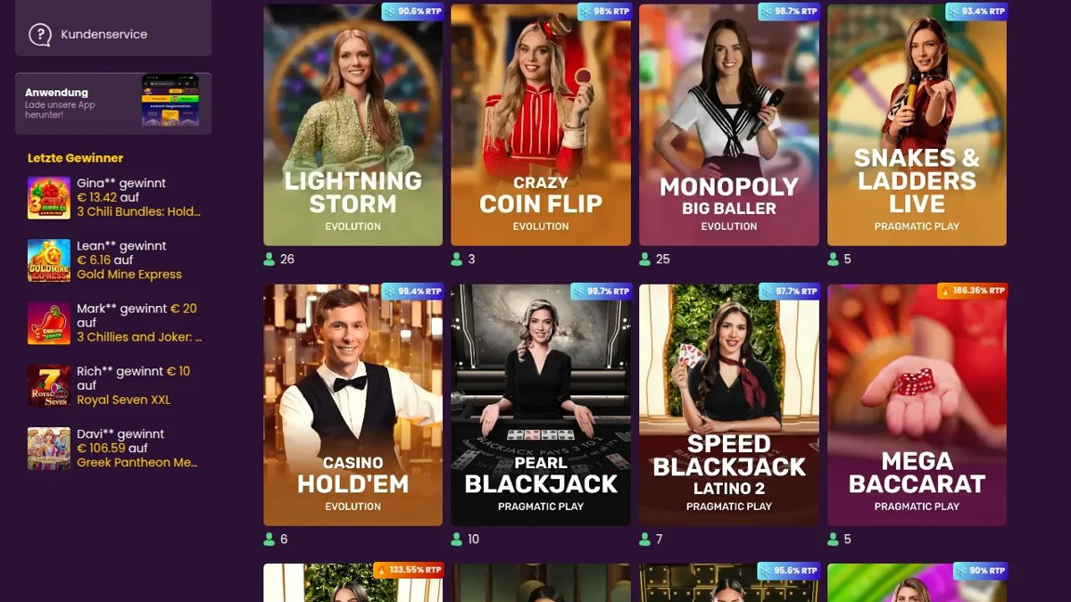 Live-Casino von Bizzo Casino mit Evolution und Pragmatic Play Live