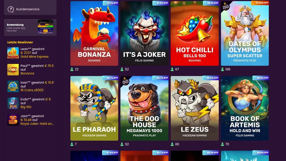 Spielelobby von Bizzo Casino mit Slots und RTP-Anzeige