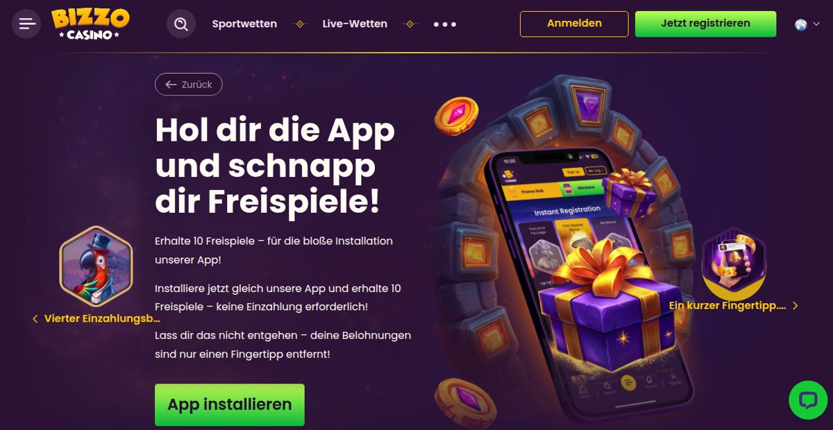 Bizzo Casino App-Bonus mit 10 Freispielen