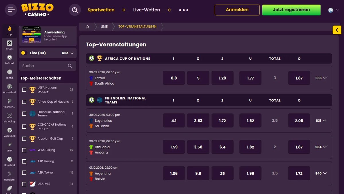 Sportwetten-Bereich von Bizzo Casino mit Top-Veranstaltungen