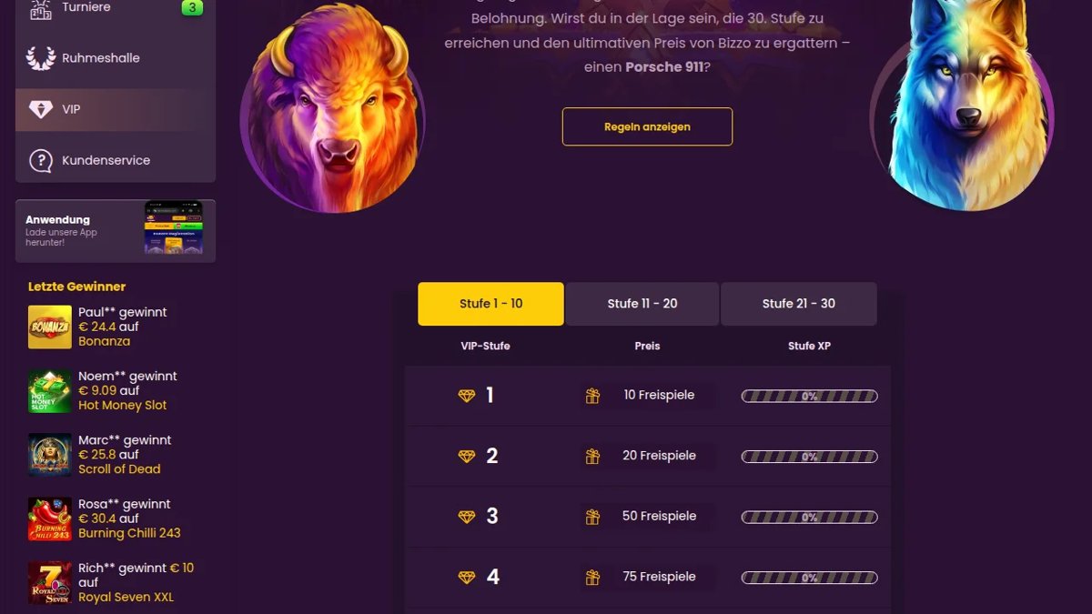 VIP-Club von Bizzo Casino mit 30 Stufen