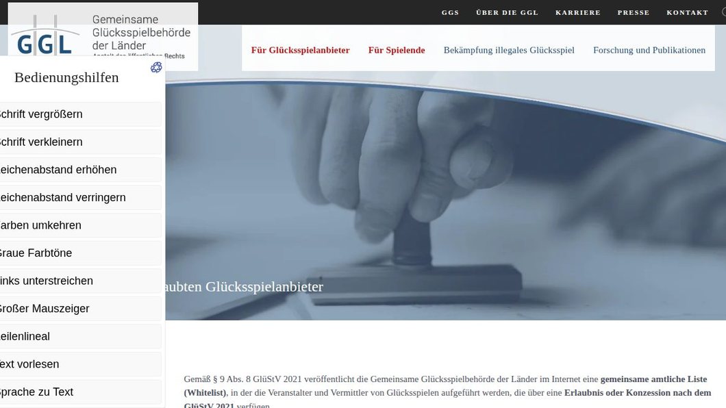 Whitelist der GGL mit den Glücksspielanbietern mit deutscher Erlaubnis