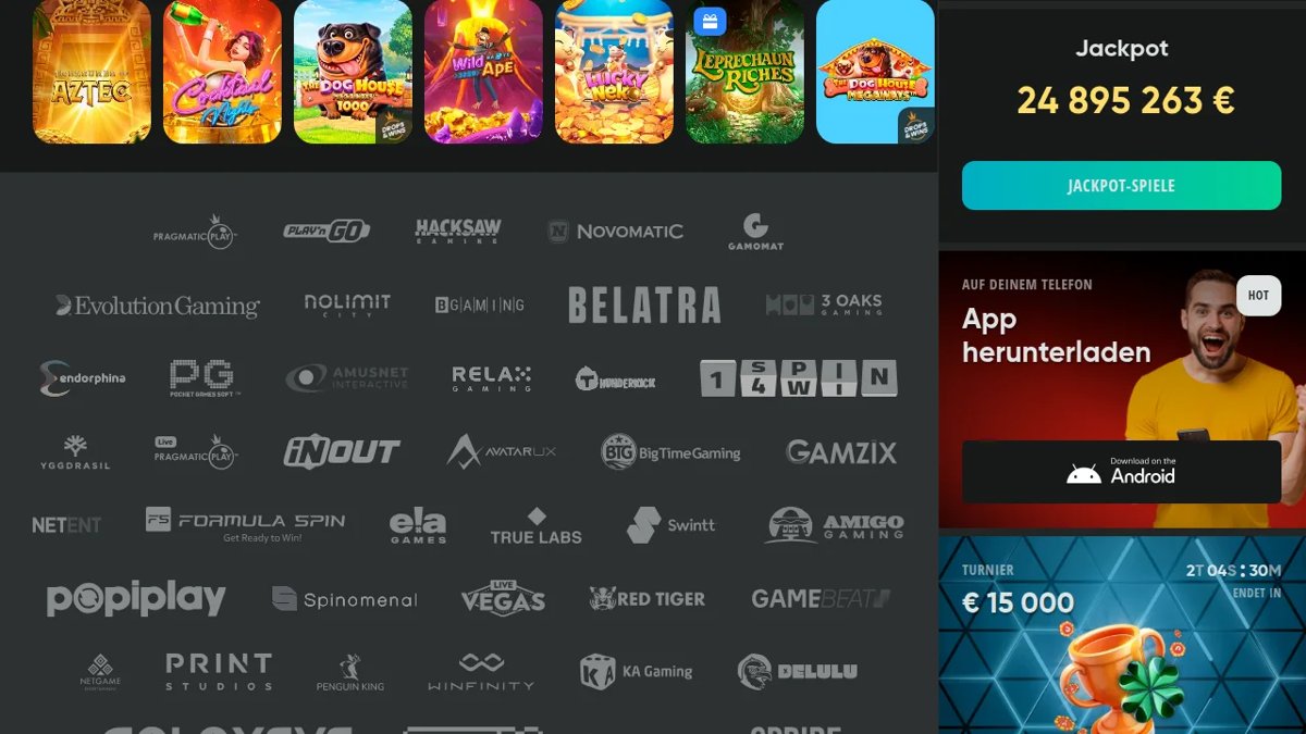 DRIP Casino Lobby mit Jackpot-Anzeige und Anbieterlogos