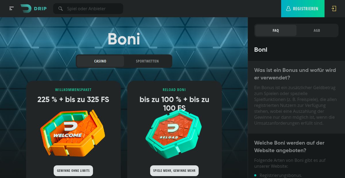 DRIP Casino Bonusseite mit Willkommenspaket und Reload-Boni