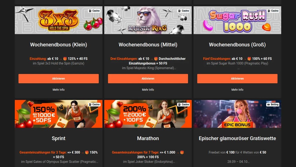 GGBet Aktionen mit Wochenbonus, Wochenendbonus, Sprint und Marathon