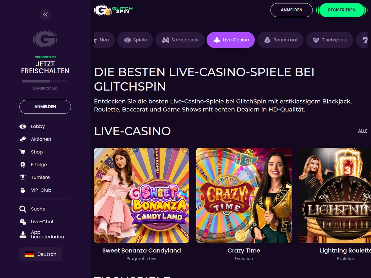 GlitchSpin Live-Casino mit Crazy Time und Lightning Roulette