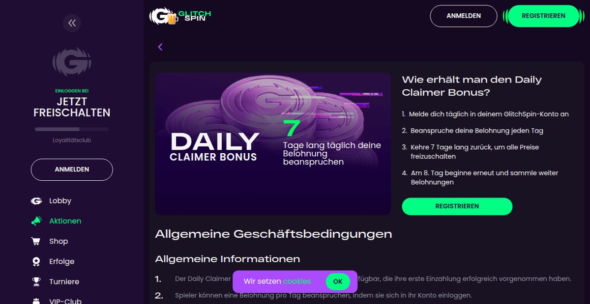 GlitchSpin Daily Claimer Bonus mit täglicher Belohnung an 7 Tagen auf der Aktionsseite