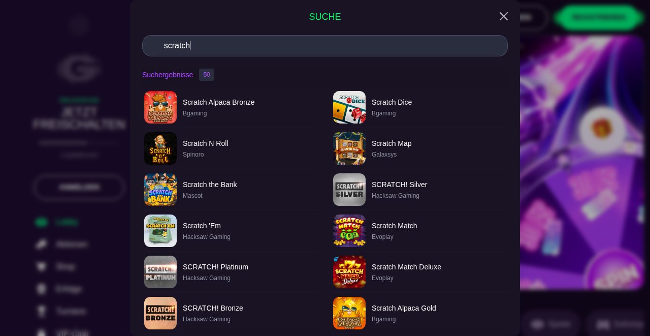 GlitchSpin Spielesuche nach Scratch mit 50 Suchergebnissen von BGaming, Hacksaw Gaming, Evoplay und Mascot