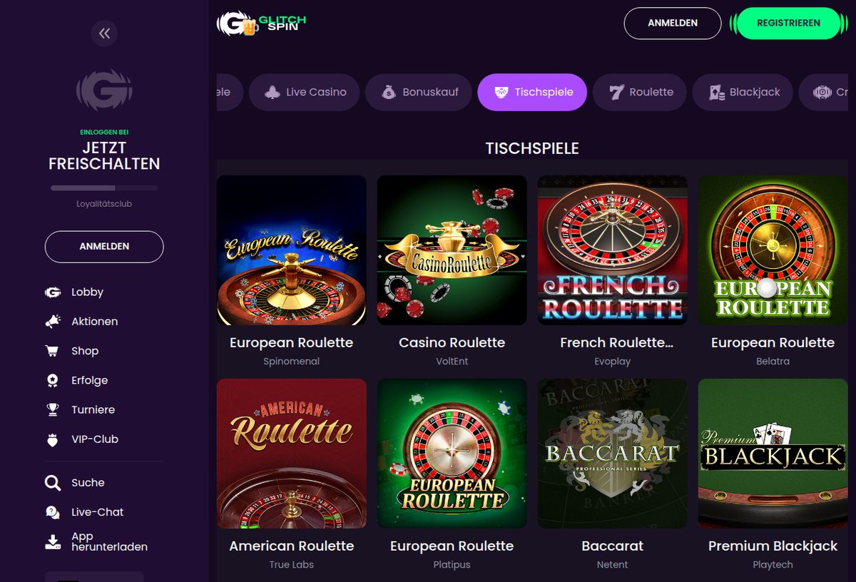 GlitchSpin Tischspiele mit RNG-Baccarat, Roulette und Blackjack