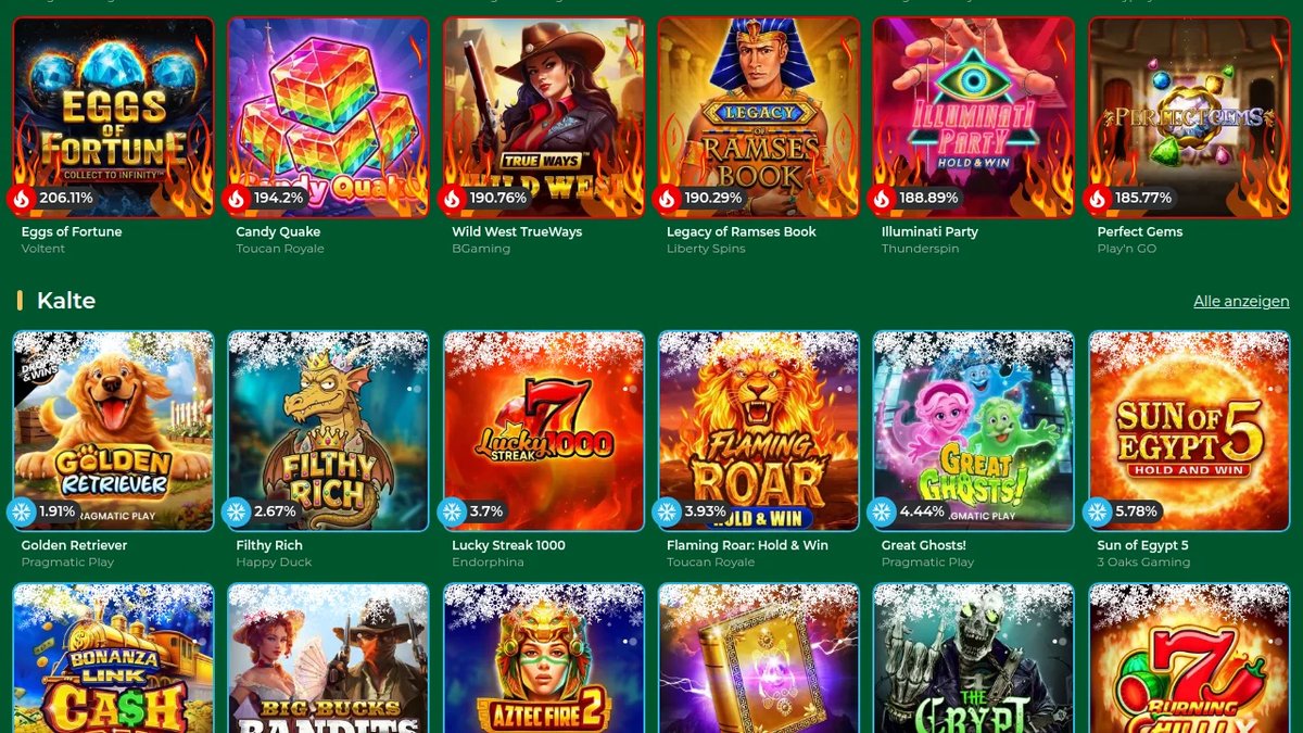 GrandWin Casino-Lobby mit den Kategorien Heiße und Kalte Slots