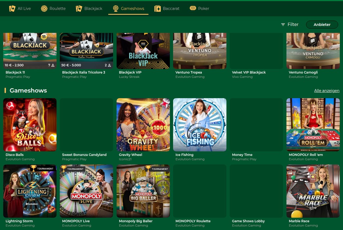 GrandWin Live-Casino mit Blackjack-Tischen und Gameshows