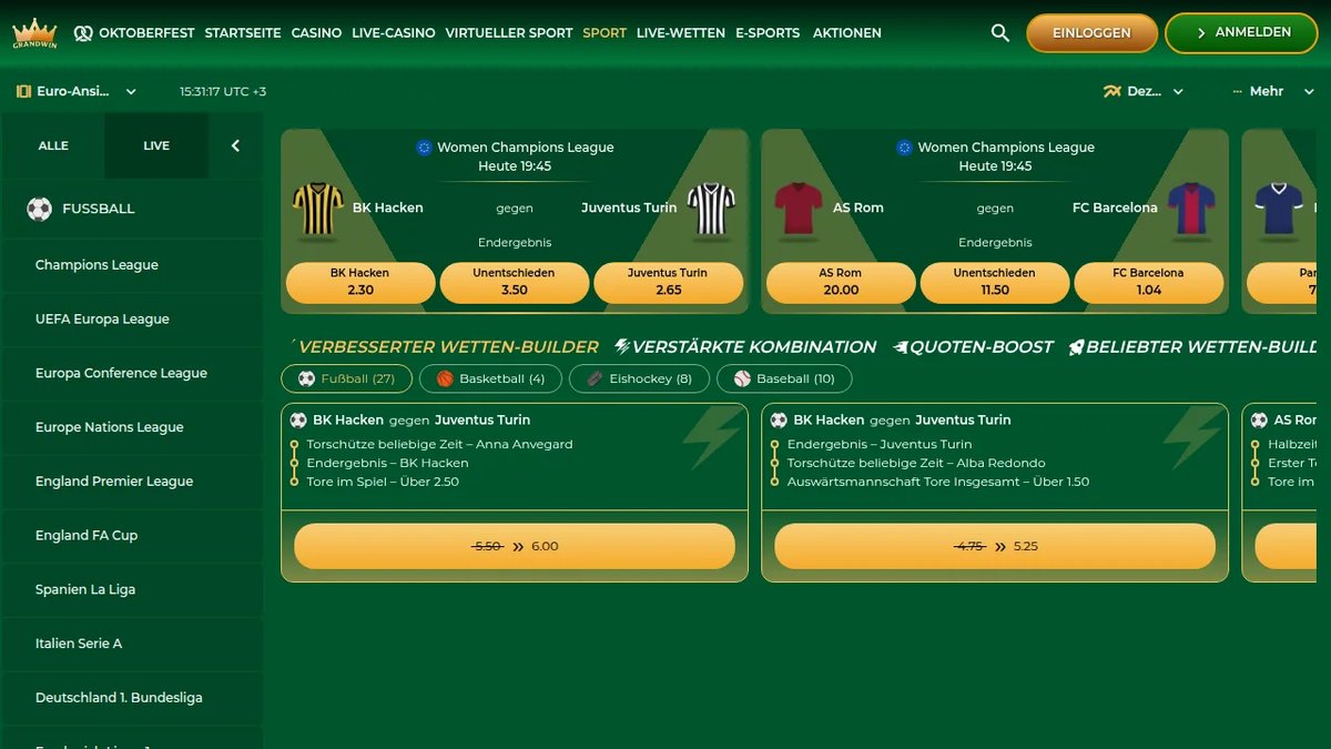 GrandWin Sportwetten mit Wett-Builder und Quoten-Boost