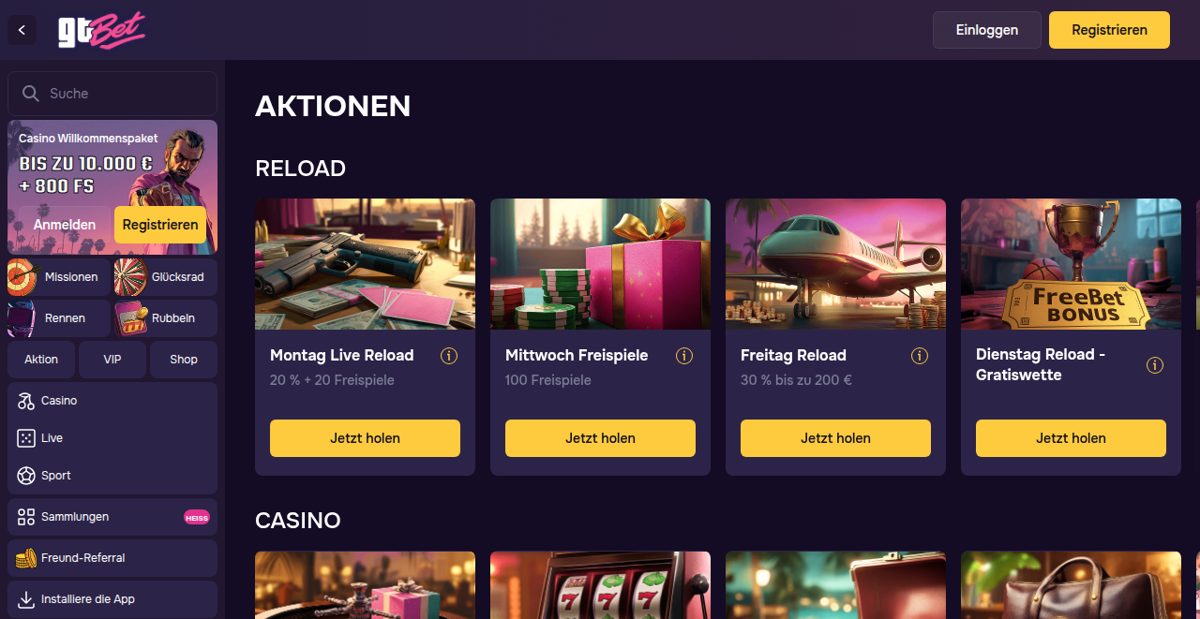 GT.bet Aktionsseite mit Angeboten für Sport und Casino