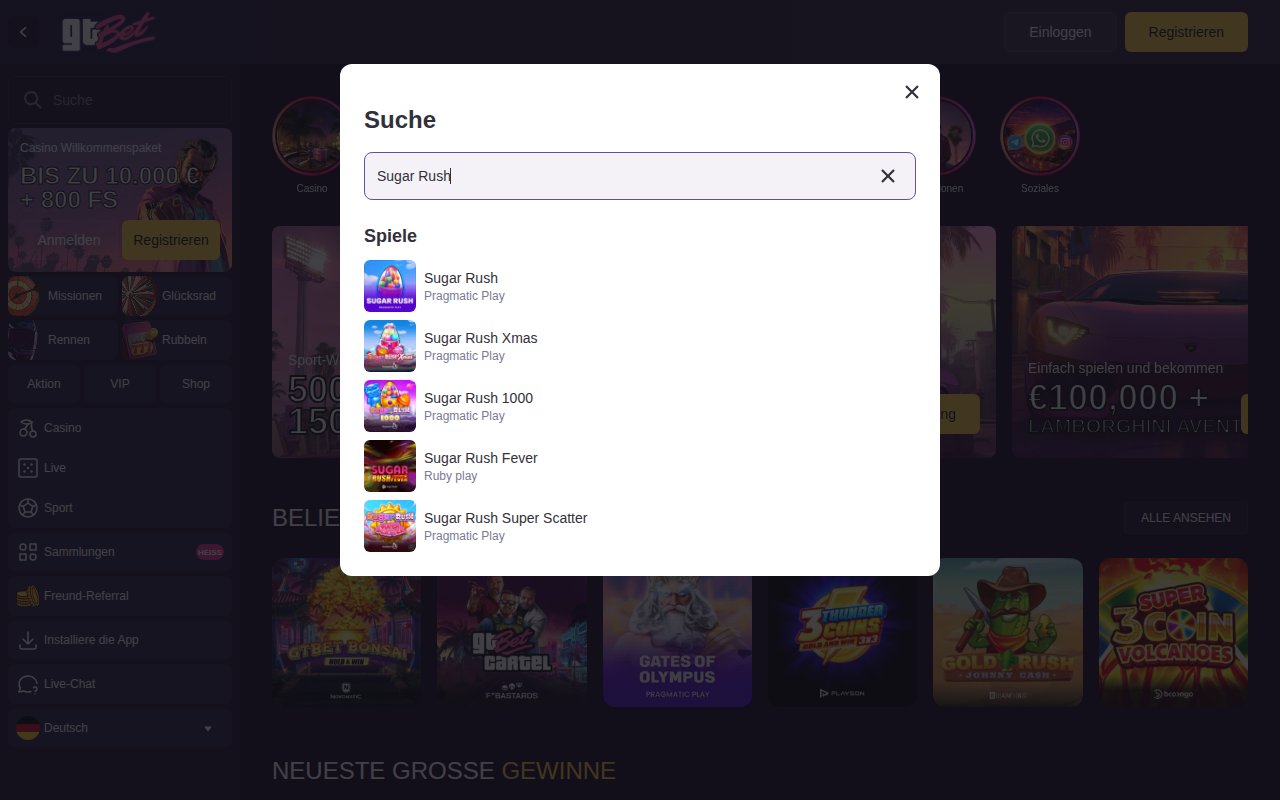 GT.bet Suche nach Sugar Rush mit fünf Treffern von Pragmatic Play und Ruby Play