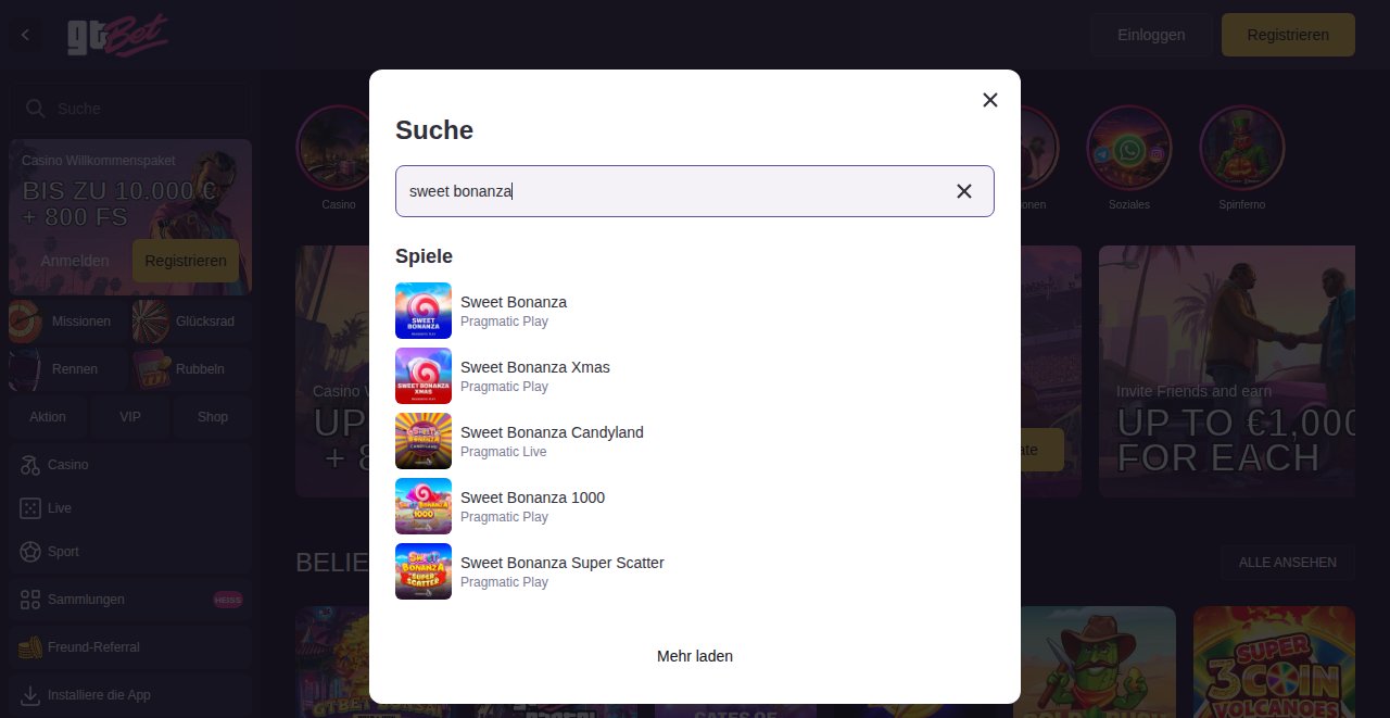 GT.bet Suche nach Sweet Bonanza mit fünf Versionen von Pragmatic Play