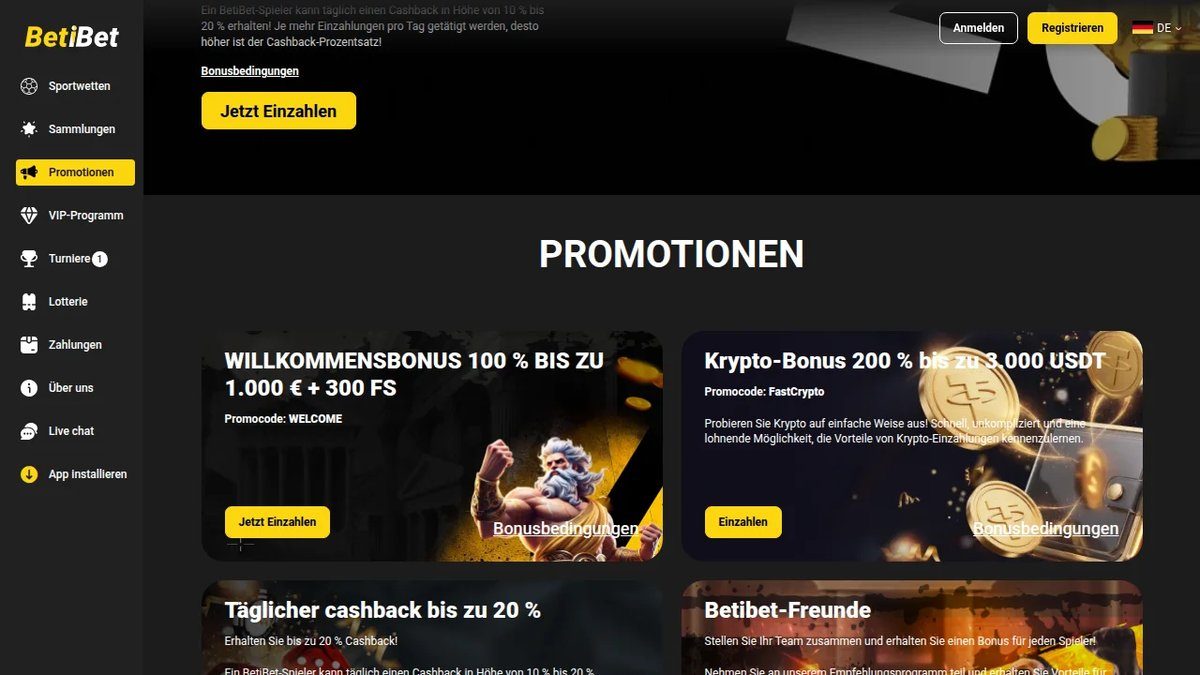 BetiBet Bonusseite: 100 % bis 1.000 € und 300 Freispiele auf die erste Einzahlung