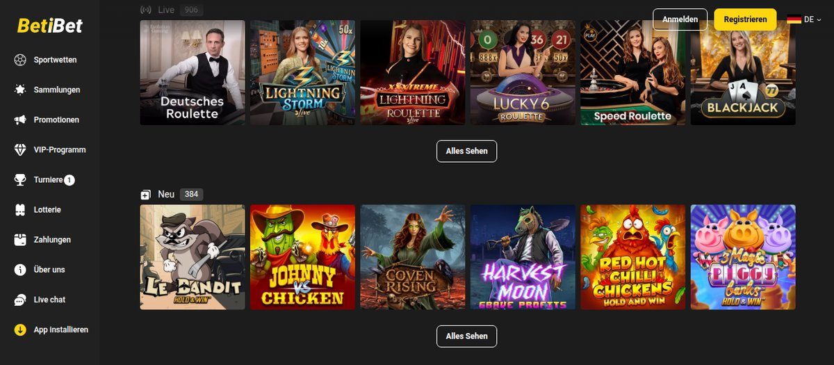 BetiBet Casino-Lobby mit Live-Spielen und neuen Slots
