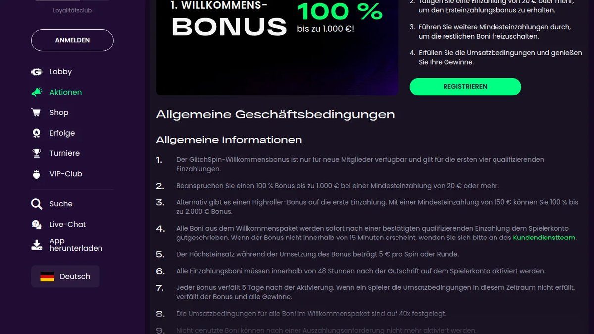 GlitchSpin Willkommensbonus: 425 % bis 5.000 € und 200 Freispiele über fünf Einzahlungen