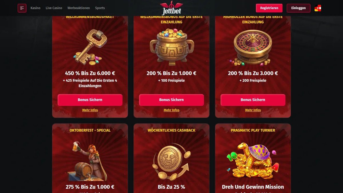 Jettbet Willkommenspaket: 450 % bis 6.000 € und 425 Freispiele über vier Einzahlungen