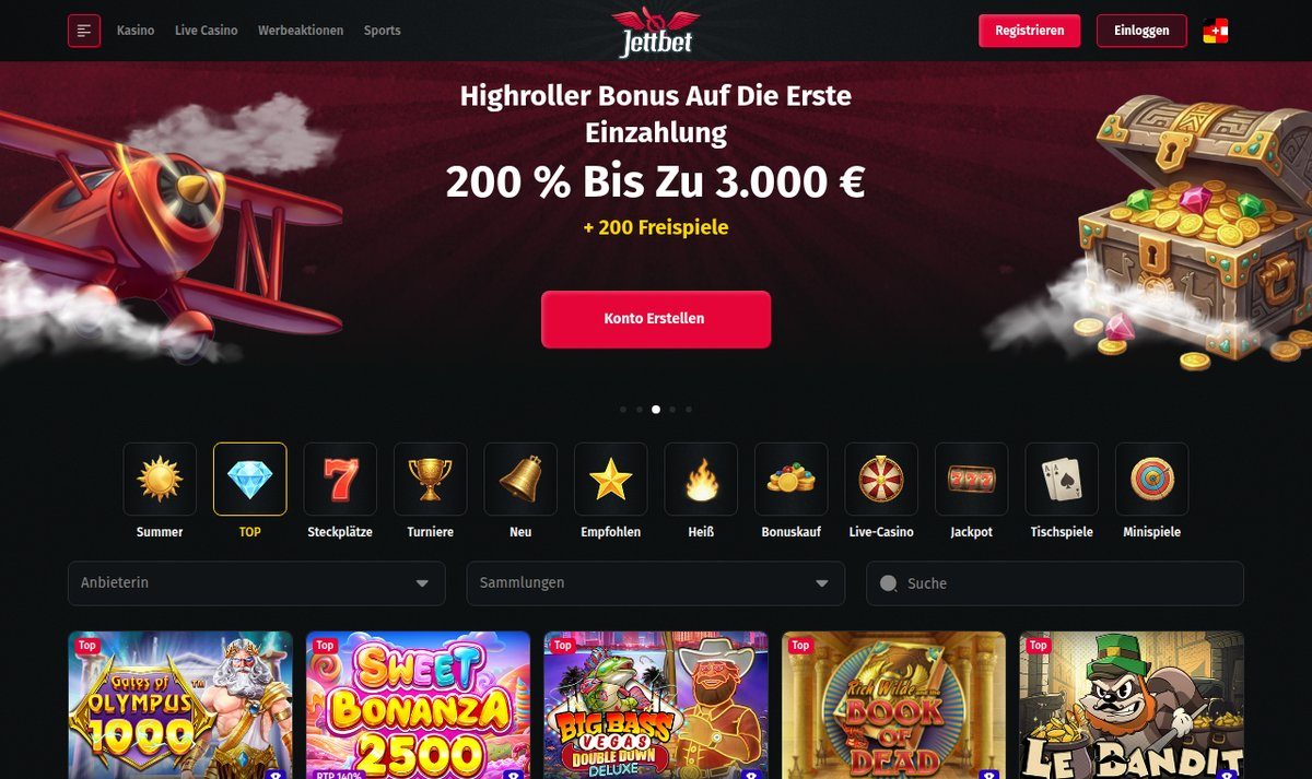 Jettbet Casino-Lobby mit Kategorien und Anbieterfilter