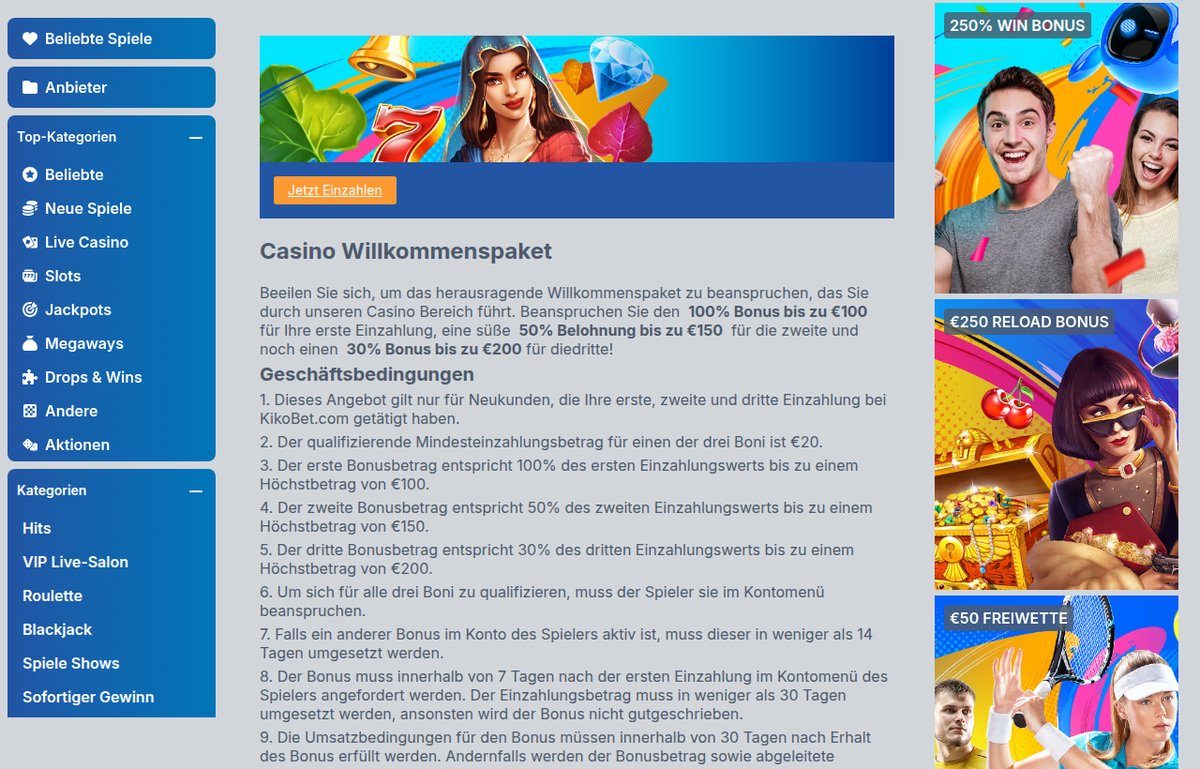 Kikobet Willkommensbonus bis 450 € über drei Einzahlungen