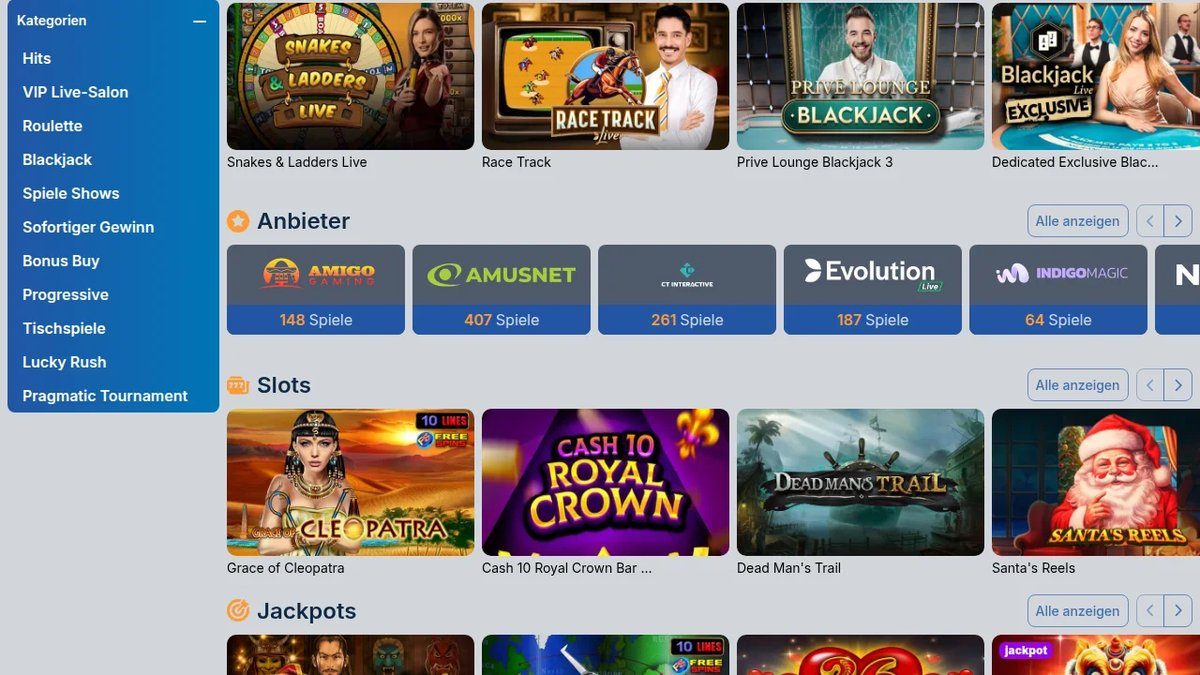 Kikobet Casino-Lobby mit Kategorien und Anbietern