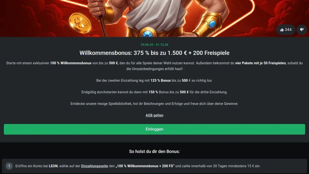 Willkommensbonus im Leon Casino: 375 % bis 1.500 € und 200 Freispiele über drei Einzahlungen