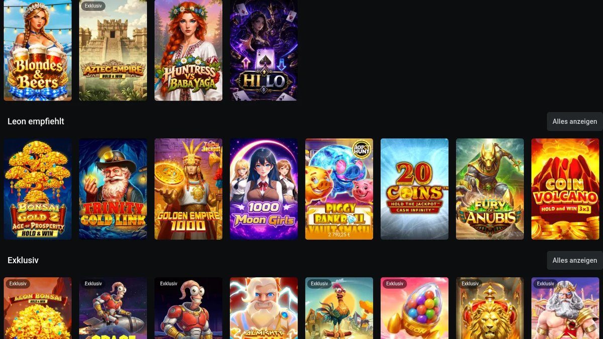 Leon Casino Lobby mit Leon empfiehlt und exklusiven Slots