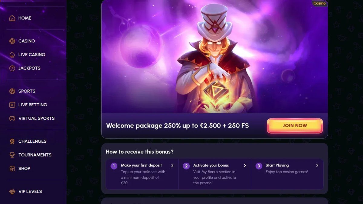 Englischsprachige Bonusseite von NovaJackpot mit 250 % bis 2.500 € und 250 Freispielen