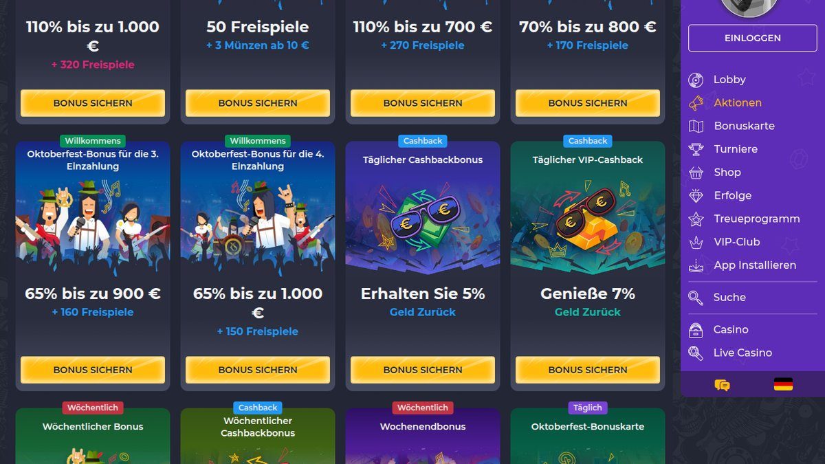 Bonusseite von Rolling Slots mit Willkommenspaket bis 3.700 € und 800 Freispielen