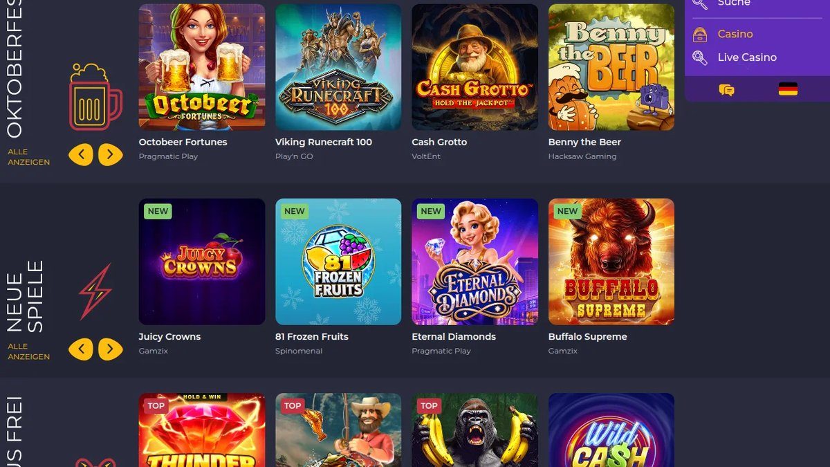 Rolling Slots Casino-Lobby mit Oktoberfest-Slots und neuen Spielen