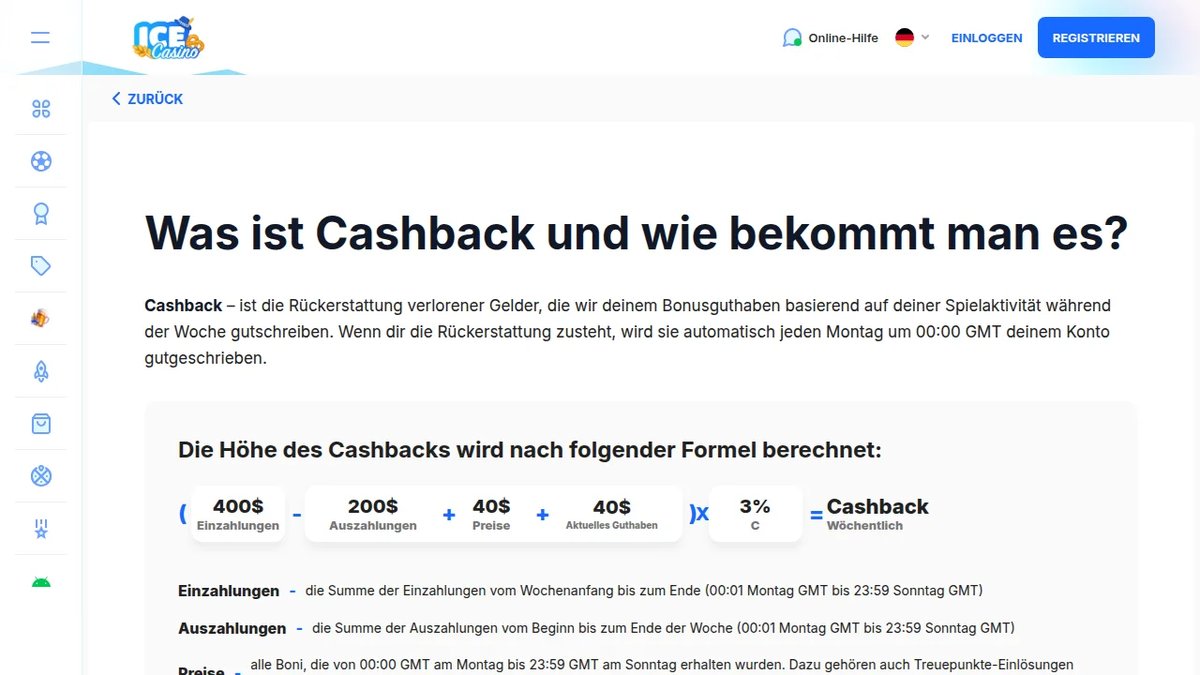 Ice Casino Cashback-Formel aus Einzahlungen, Auszahlungen, Preisen und Guthaben