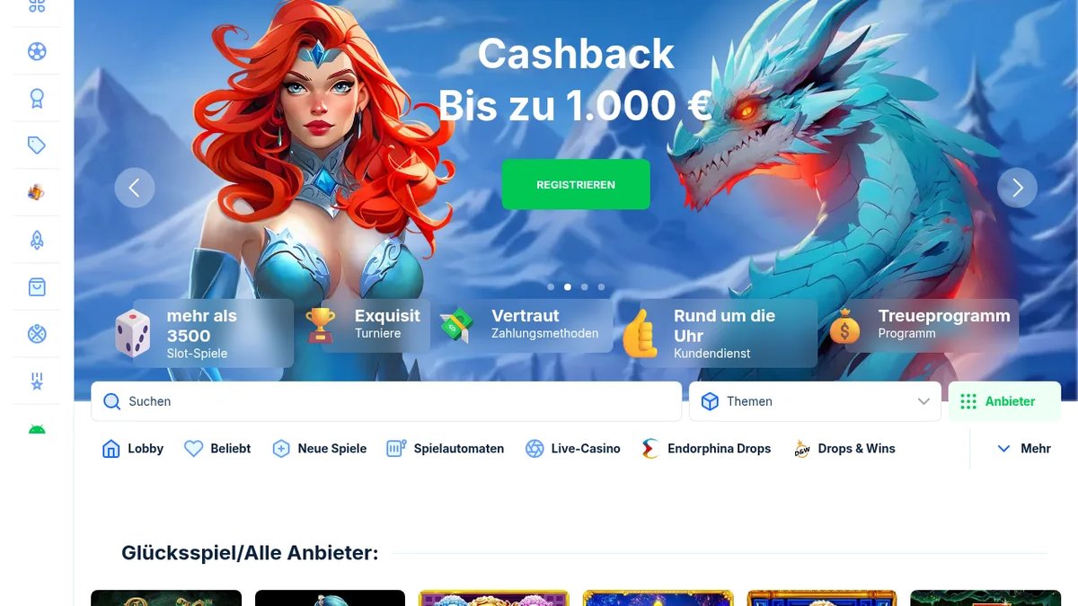 Ice Casino Spiele-Lobby mit Kategorien und Anbieterfilter