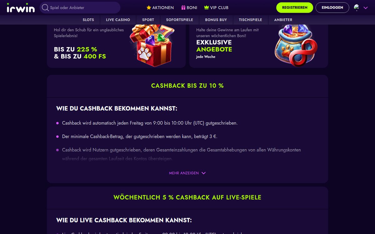 Irwin Casino Bonusseite mit Willkommenspaket bis 225 % und 400 Freispielen