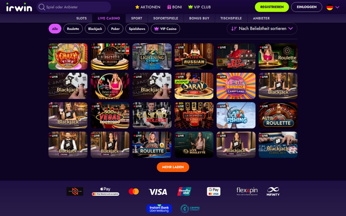 Irwin Live-Casino mit Roulette-, Blackjack- und Game-Show-Tischen