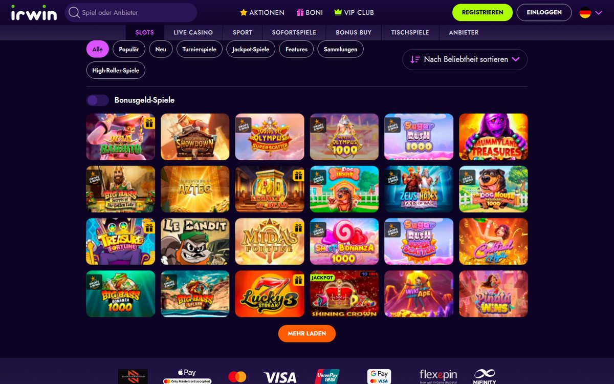 Irwin Casino Slot-Lobby mit Kategorien und beliebten Spielautomaten