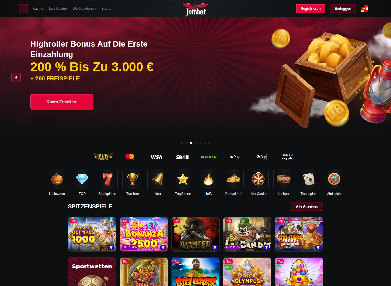Jettbet Startseite mit Highroller-Bonus 200 % bis 3.000 € + 200 Freispiele und Zahlungsleiste (Oktober 2026)