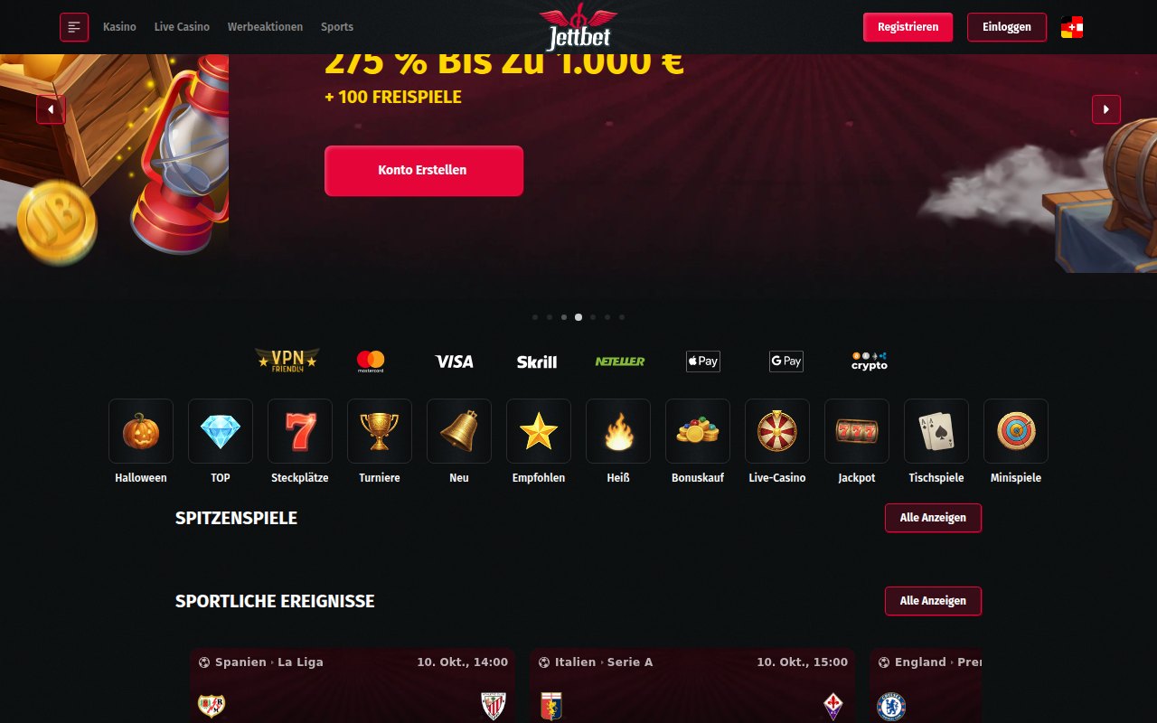 Jettbet Startseite mit Zahlungsleiste: Apple Pay und Google Pay unter dem Willkommensbonus