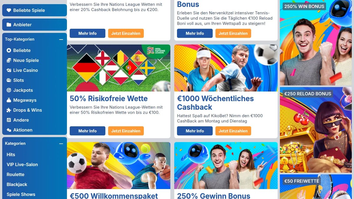 Kikobet Aktionsseite mit Sportwetten- und Casino-Angeboten