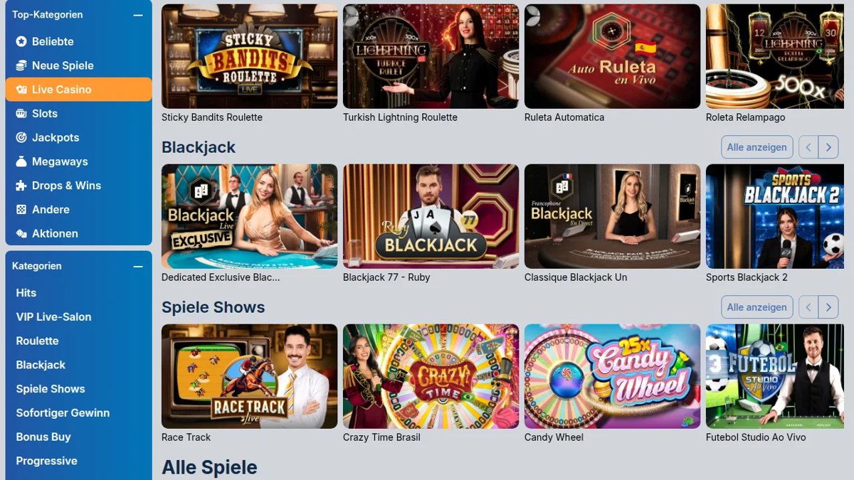 Kikobet Live-Casino mit Roulette, Blackjack und Spielshows