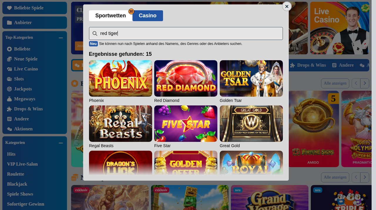 Kikobet Casino Suche nach red tiger mit 15 Ergebnissen, darunter Dragon's Luck, Five Star und Regal Beasts