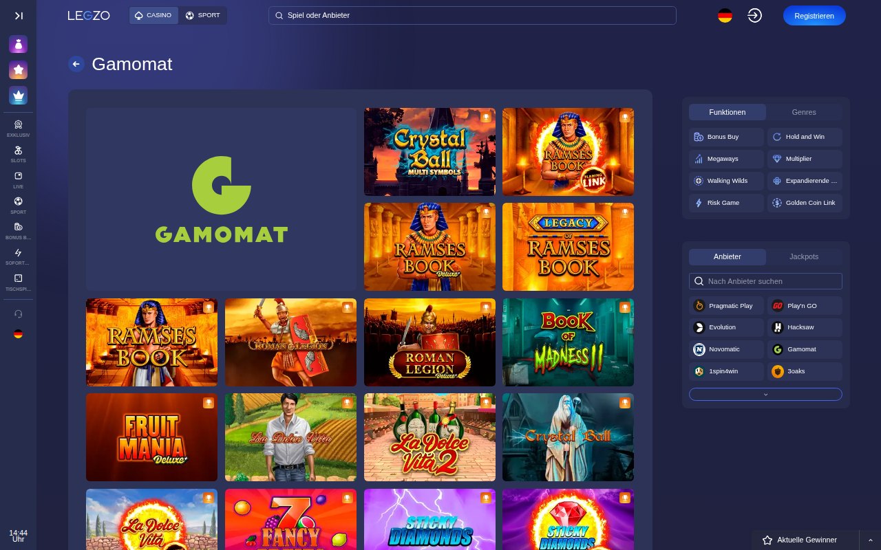 Gamomat-Slots in der Legzo-Lobby mit Ramses Book, Fruit Mania und La Dolce Vita