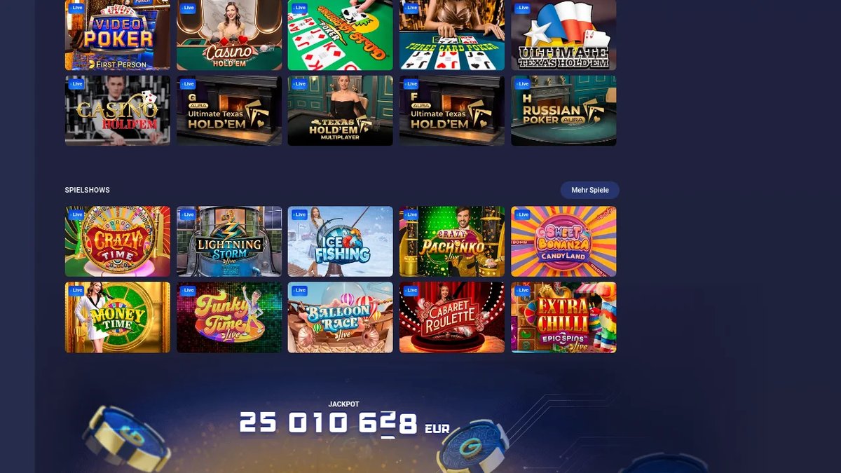 Legzo Live-Casino mit Pokertischen und Spielshows wie Crazy Time