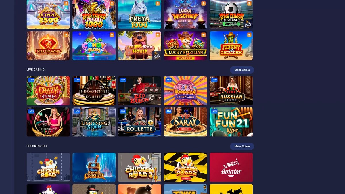 Legzo Casino-Lobby mit Slots, Live-Casino und Sofortspielen