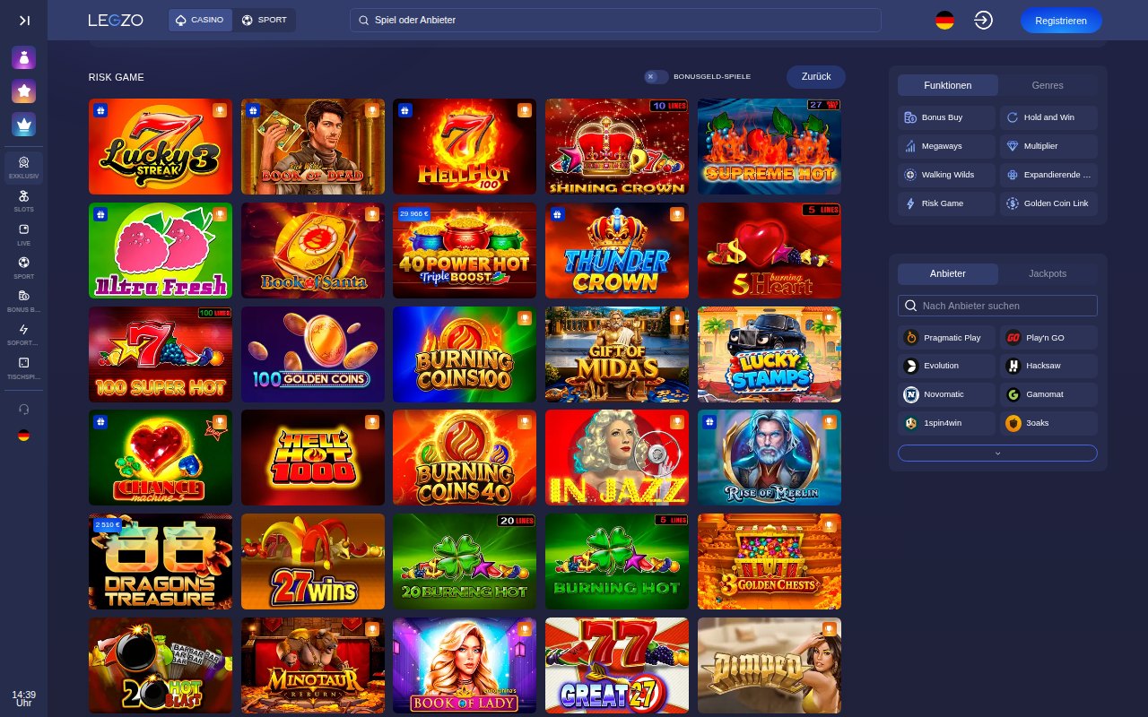 Legzo Lobby mit dem Funktionsfilter Risk Game und Slots wie Shining Crown, Supreme Hot und 100 Super Hot