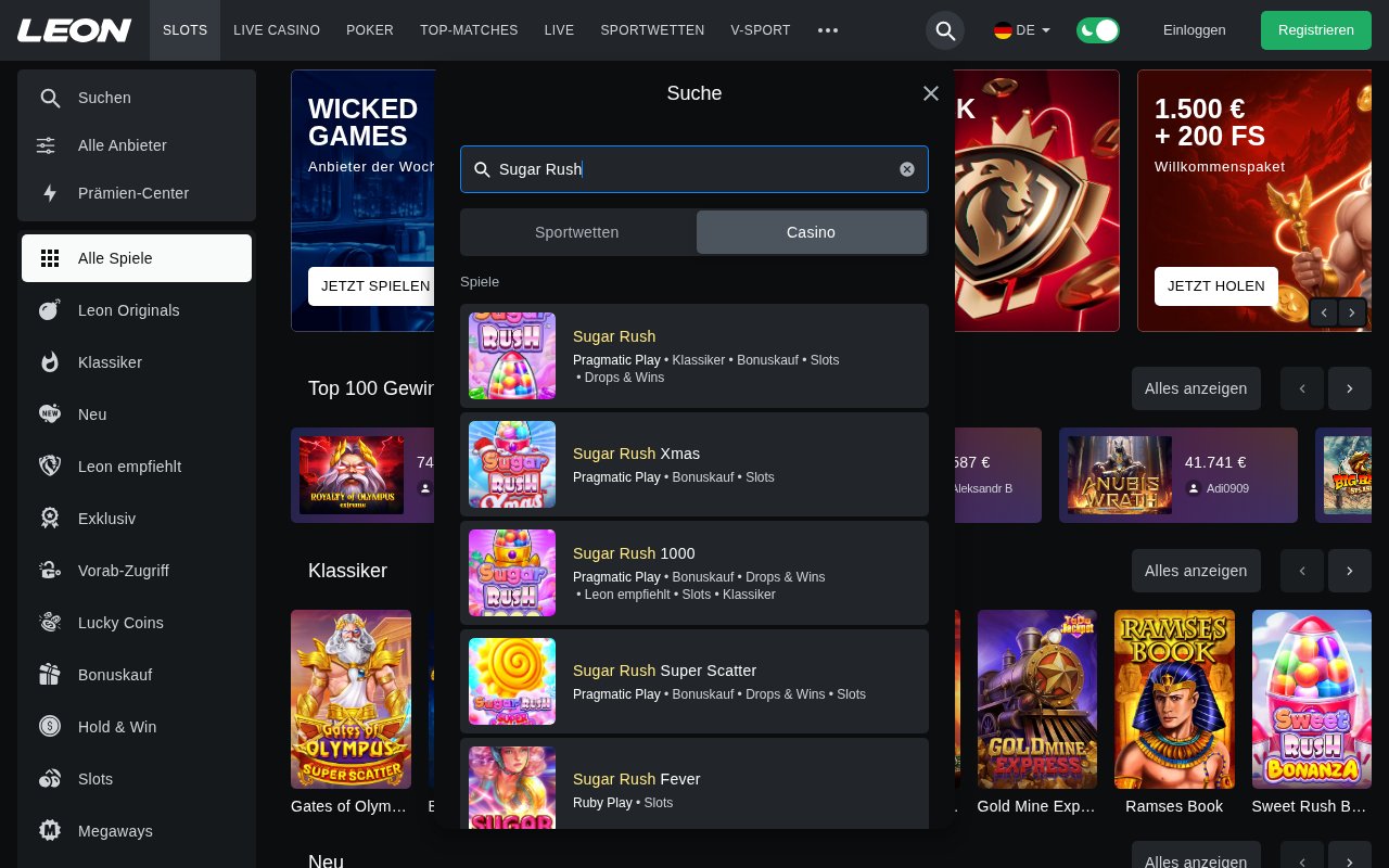 Leon Spielesuche nach Sugar Rush mit Xmas, 1000, Super Scatter und Fever